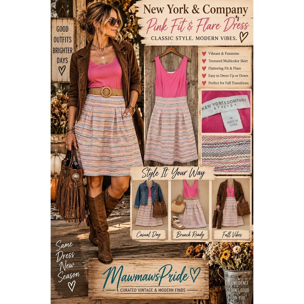 Y2K New York & Company Pink Fit & Flare Dress Multicolor Textured Skirt Medium